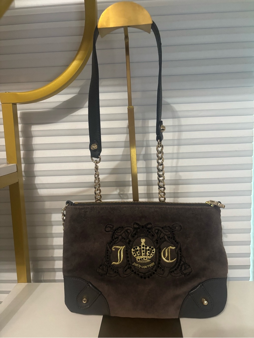 Juicy Couture Brown Suede Crossbody with Gold Crest & Chain Strap